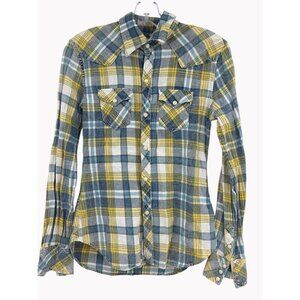 True Religion Womens XS Yellow Blue Western Plaid Button Down Cotton Shirt
